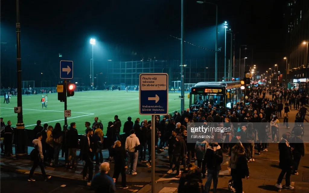 夜间散场交通与安全路线：球迷人流、公共交通与集合点示意