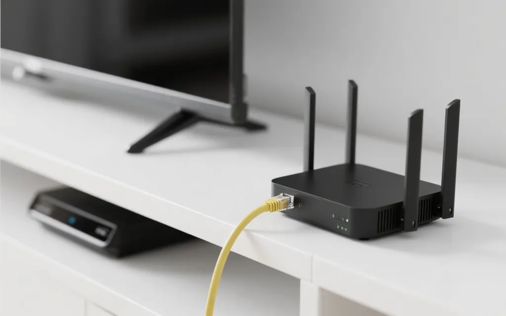 路由器与电视网线连接的家庭网络优化场景，强调稳定与低延迟