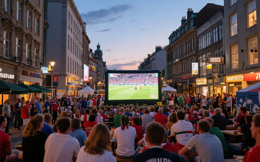 球迷公共观赛区与城市步行街的节日氛围
